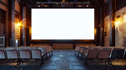 A large empty auditorium with rows of chairs and a projector screen