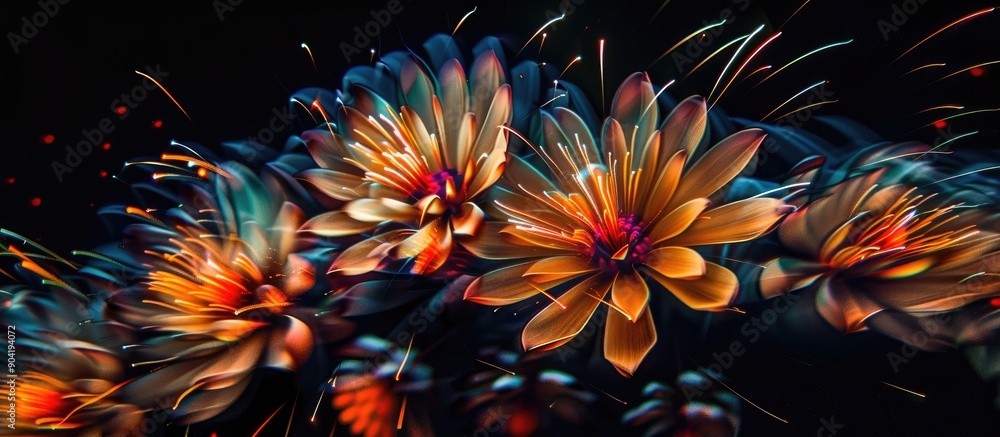 Poster vibrant multi colored fireworks illuminate the dark sky in a competition in montreal creating flower