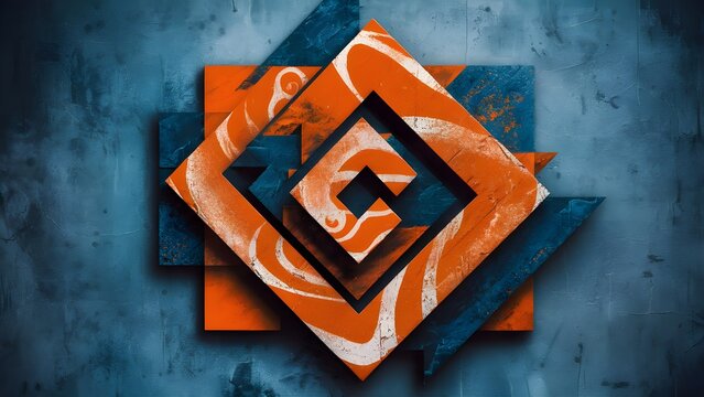 Set of three abstract grunge geometric wall art panels with orange swirls on a textured blue background