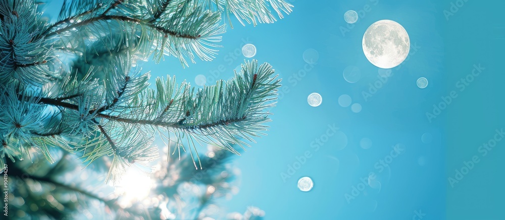 Poster bright blue sky with a blurred spruce tree branches in the foreground moon shining with copy space i