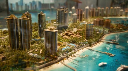 Generate a photo realistic image of a maquette representing a tourist destination with resorts, attractions, and natural landscapes; ensure the image is of high resolution for clear 