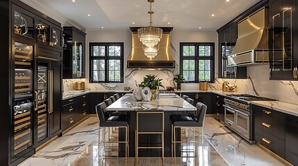 A Hollywood Regency kitchen with sleek black and gold cabinetry, marble countertops, mirrored backsplash, luxurious lighting fixtures, and a mix of modern and classic elements, hd quality,