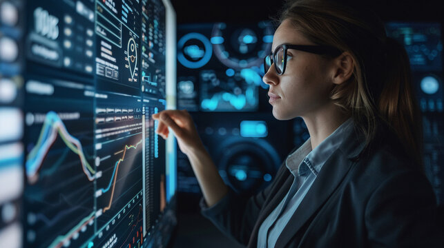 Female executive analyzing data with advanced technology