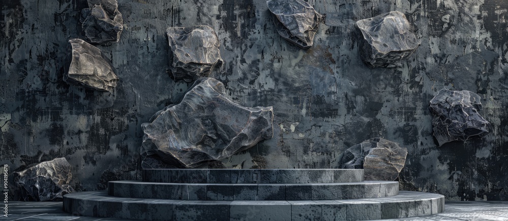 Poster background featuring a podium crafted from authentic stones with copy space image