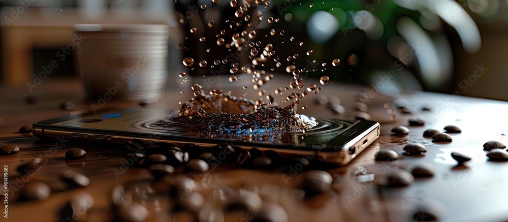 Poster coffee beans accidentally spill onto a smartphone resting on a table showcasing the device s liquid 