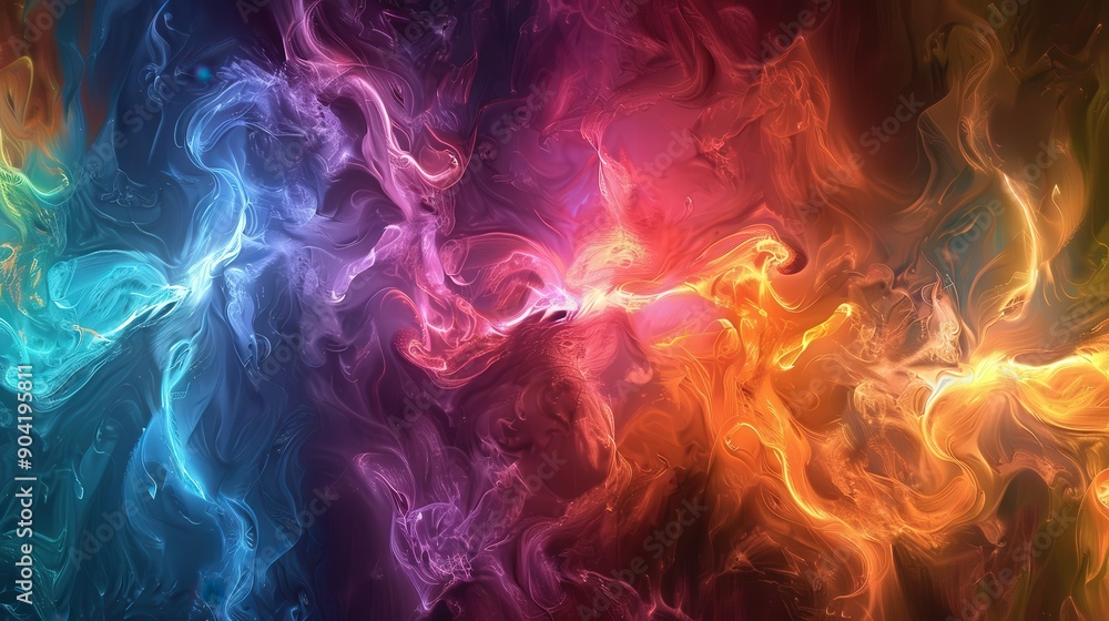 Poster a colorful fractal flame emits wisps of light, creating a mesmerizing display of vibrant hues swirli