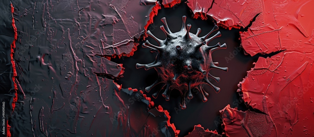 Aufkleber conceptual virus alert symbol depicted on torn black paper with a red backdrop providing copy space 