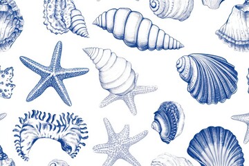 A seamless pattern featuring various hand-drawn blue seashells and starfish. 