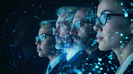 Group of business experts with data overlays