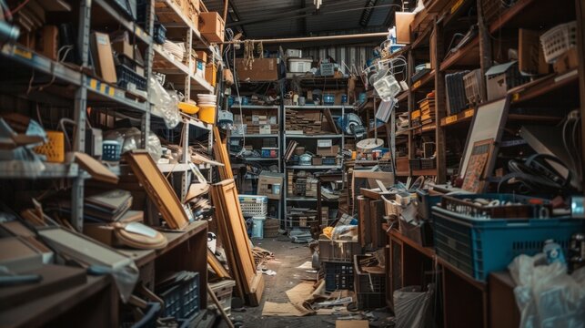 Room filled with cluttered electronic components, old computer peripherals, books, and trash. Neglected storage area suggests prolonged lack of maintenance.