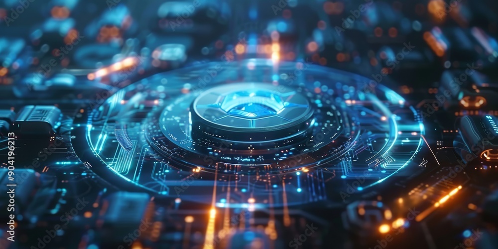 Poster hightech ai circuit board symbolizes innovation and precision, glowing elements show advanced techno