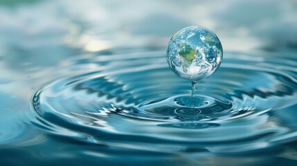 An Earth-like water droplet surrounded by blue and green tones exudes tranquility in the image, symbolizing nature's beauty and balance.