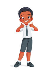 Little African American school boy showing thumbs up. Cartoon vector illustration.