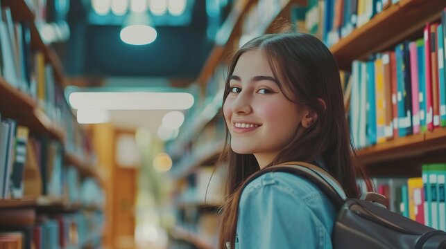 People, knowledge, education, and school concept: happy tenage girl or student selecting a book from the library shelf, Generative AI.