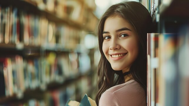 People, knowledge, education, and school concept: happy tenage girl or student selecting a book from the library shelf, Generative AI.