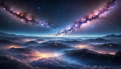 Naklejka premium Nighttime Mountain Landscape with Cosmic Nebula, Majestic View of Clouds and Stars