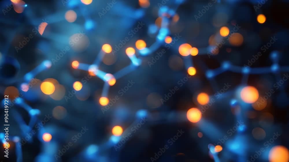 Poster abstract molecular structure with glowing connections and particles on a dark background