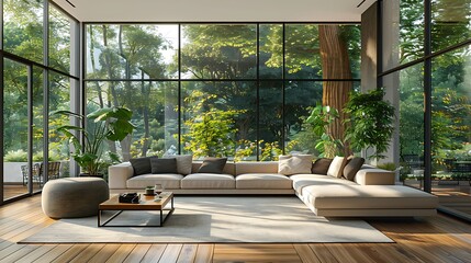 A modern living room with sleek, minimalist furniture, a neutral color palette, large floor-to-ceiling windows, geometric decor elements, emphasizing open space and natural light, hd quality,