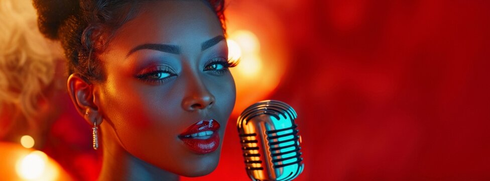 Singer woman. Black african female sing with microphone. Music girl on red stage. Musician model, jazz lady with mic in karaoke. Vintage singer beauty background. Fashion concert. Night girl banner - Powered by Adobe
