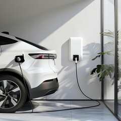 A white car is charging at a charging station