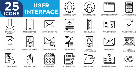 user interface, graphic, vector, design, screen, web icon set. Outline icons collection. Simple vector illustration