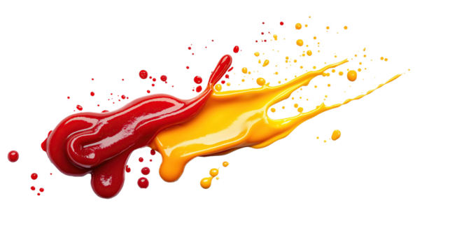 Delicious ketchup and mustard splashes isolated on transparency background 