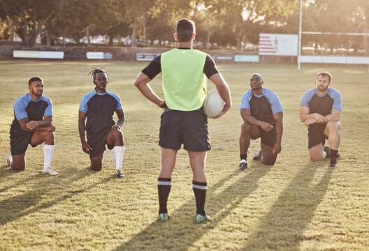 Rugby, coach and players with game plan, conversation and practice with motivation, captain and tactics. Group, people and trainer with discussion, feedback and team building for sports or commitment