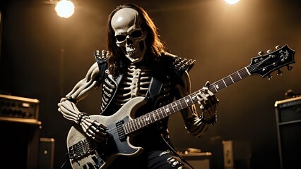 Skeleton rock star playing an electric guitar.