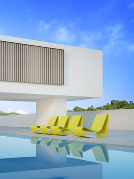 House with concrete floor terrace near swimming pool. 3d rendering of modern home and mountain view background.