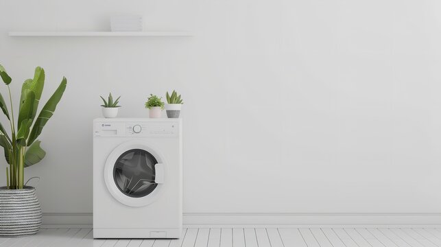 White washing machine in a contemporary laundry room white text background with white space, Generative AI.
