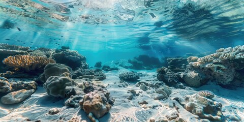 Fototapeta premium Amazing underwater view with clear blue water. AI generation.