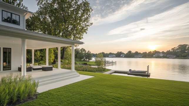 modern all white house with wide terrace. with background view of lake, green grass and boat on the dock in front of the house. Ai generated images