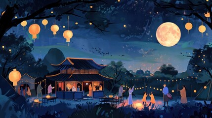 Illustration of a Mid-Autumn festival garden party with moon-gazing activities. 