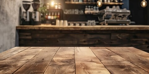 An empty wooden table behind the counter in a cafe. AI generation.