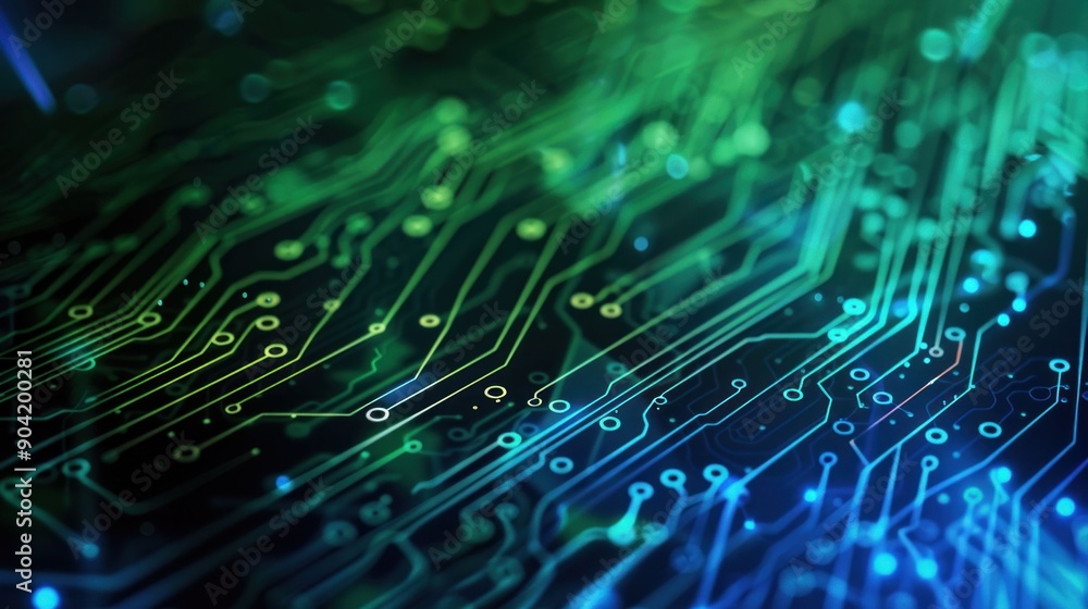 Poster abstract blue and green circuit board design with intricate patterns and glowing elements
