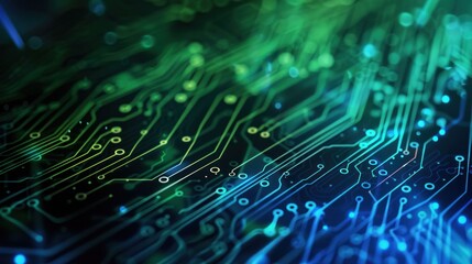 Abstract blue and green circuit board design with intricate patterns and glowing elements