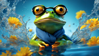 Humorvolles Portrait eines Frosch mit cooler blauer Sonnenbrille und kuscheligen blauen Schal. Er schaut direkt in die Kamera. Witziges Tierbild für Kinderbücher, Postkarten, Social Media-Posts.	￼