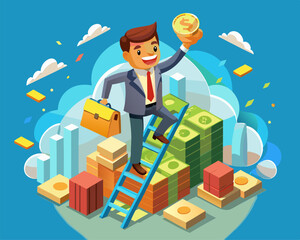 Naklejka premium Successful Businessman Climbing Ladder Holding Coin Achieving Wealth Goals Prosperity Growth Finance Success Motivation 
