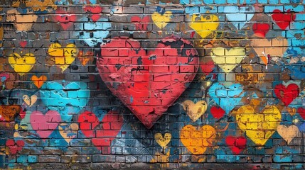 Colorful graffiti of hearts in various sizes and colors on a weathered brick wall, showcasing urban street art.