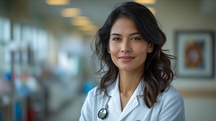 Fototapeta premium A woman in a white lab coat with a stethoscope on her neck