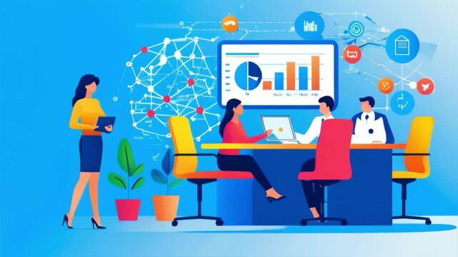 Modern office and communication network concept. Statistics of business. Management strategy