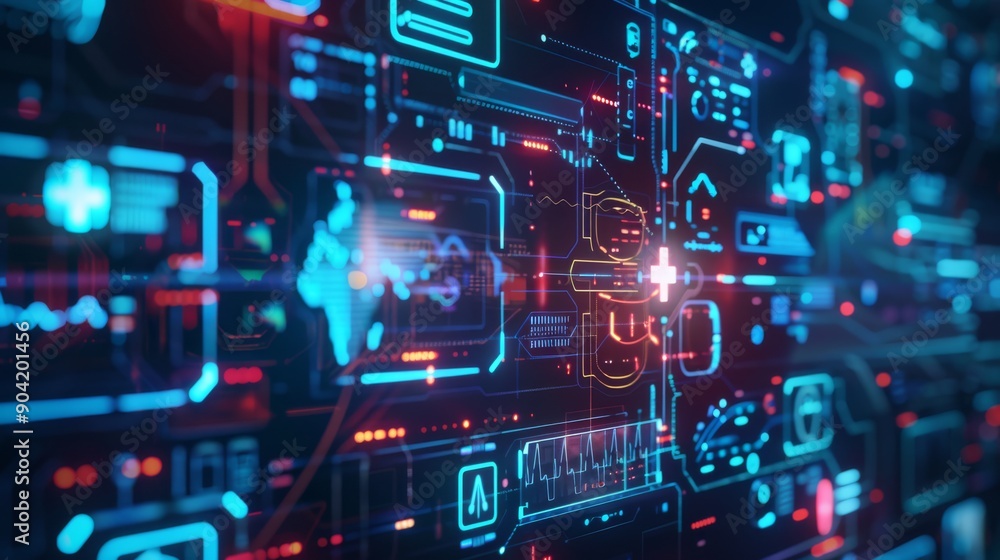 Poster a dynamic digital interface showcasing glowing data elements intricately intertwined with advanced c