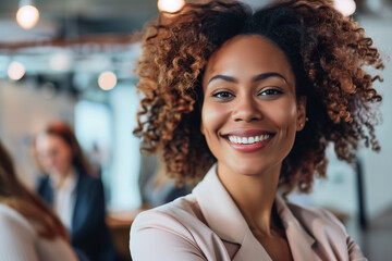 Obraz premium A portrait of a young, happy businesswoman with a bright smile and confident demeanor, perfect for corporate materials, career profiles, and business-related promotions.