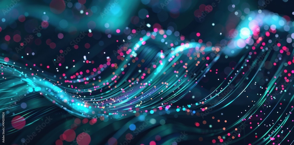 Poster abstract colorful waves with glowing particles in a dark background, creating a sense of depth and m