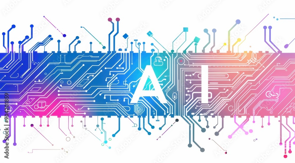 Aufkleber the logo on the left side of the banner, circuit board background with a color gradient from blue to