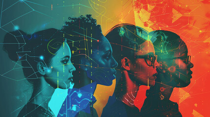 Silhouettes of diverse workers with data overlays