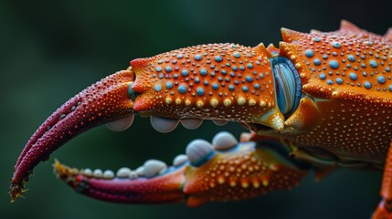 Close up view of a crab claw capturing the fine patterns and vivid colors shot from a diagonal angle