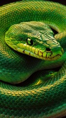 Fototapeta premium A close up of a green snake with its head facing the camera, AI