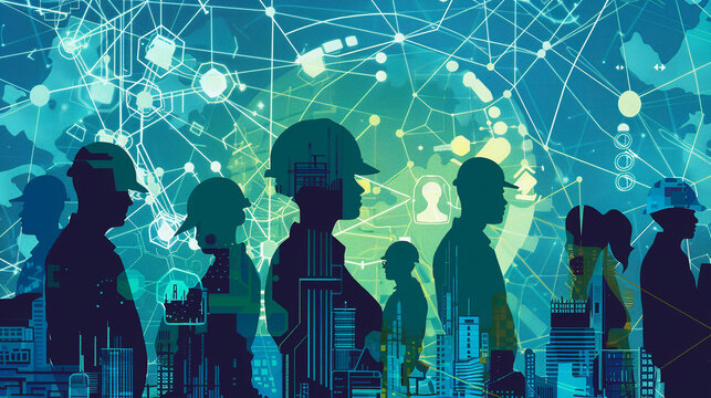 Silhouettes of diverse workers with technology backgrounds