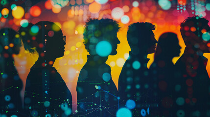 Silhouettes of diverse workers with data overlays